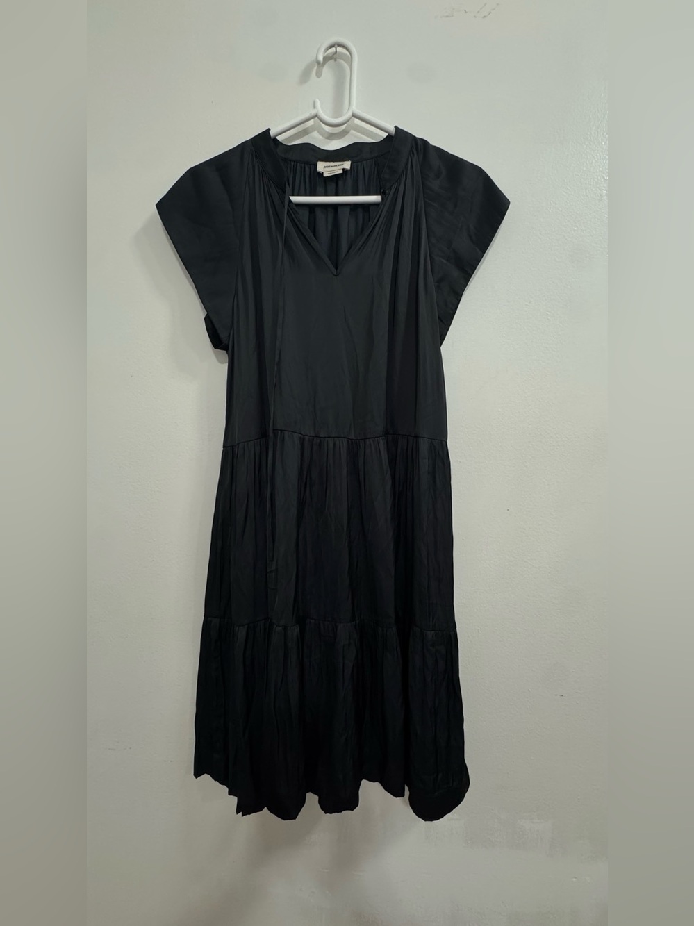 Zadig & Voltaire Black Tiered V-Neck Midi Dress with Cap Sleeves